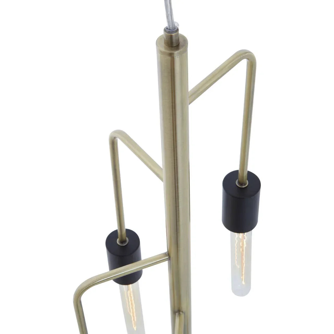 Modern brass pendant light with tubular LED bulbs and black lamp holders, close-up view