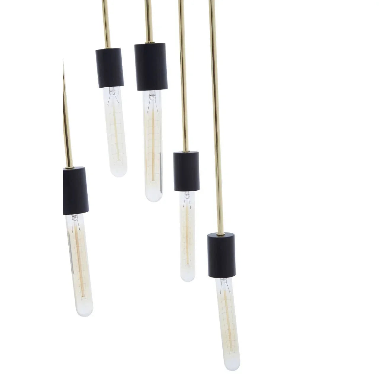 Modern pendant light fixture with five exposed bulbs and gold rods