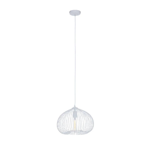 White wire pendant light with dome-shaped shade and exposed bulb, hanging from ceiling