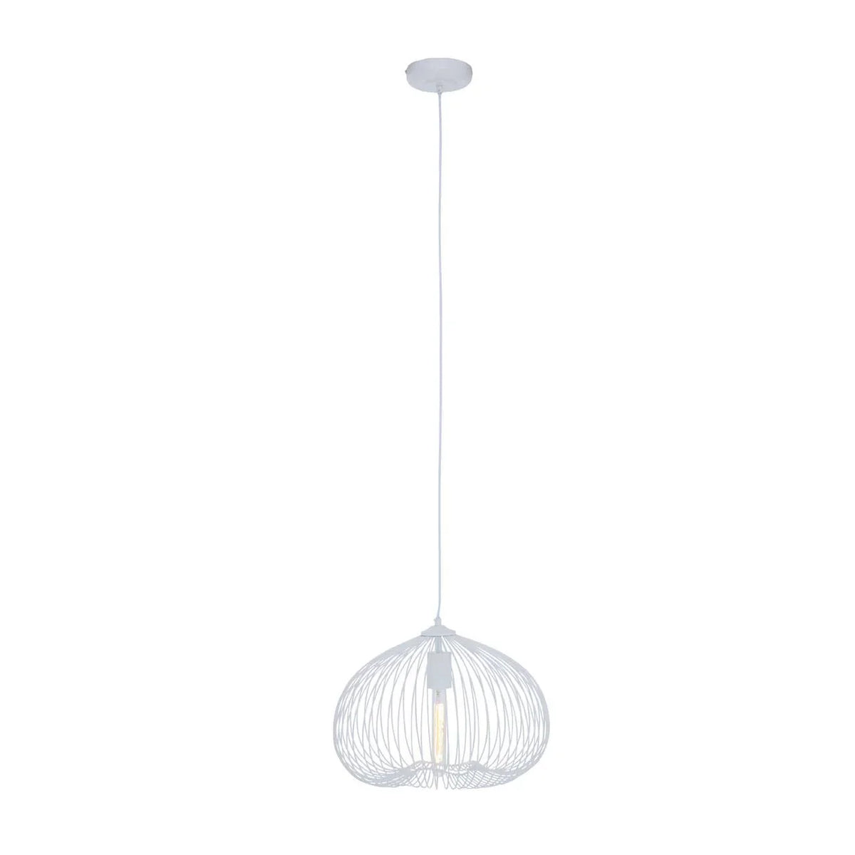 White wire pendant light with dome-shaped shade and exposed bulb, hanging from ceiling