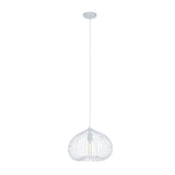 White wire pendant light with dome-shaped shade and exposed bulb, hanging from ceiling