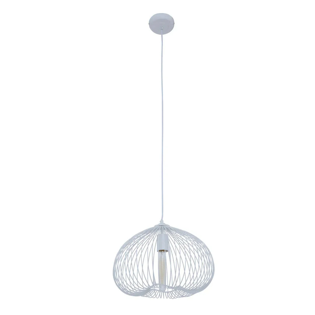 White wire pendant ceiling light with open cage shade and visible bulb