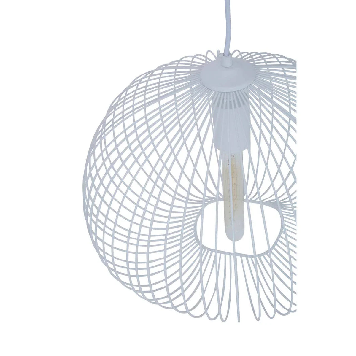White wireframe pendant light with exposed bulb, modern ceiling lighting fixture
