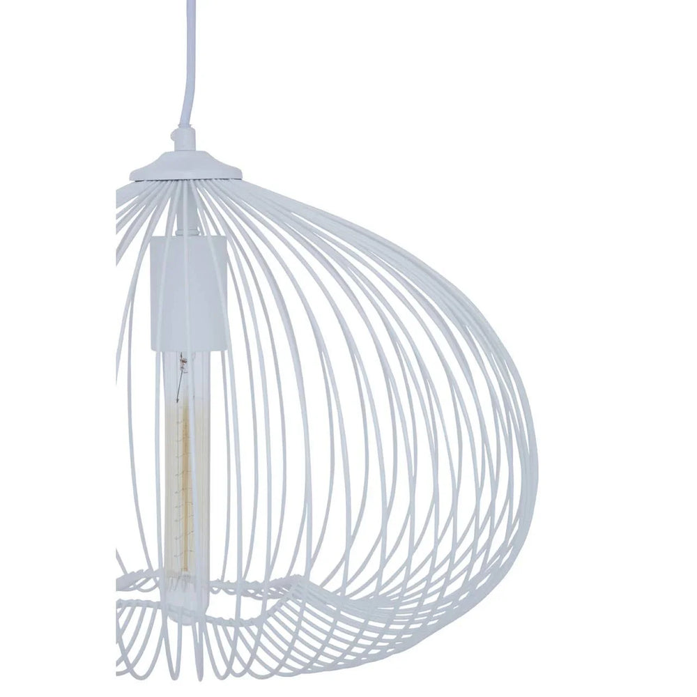 White wire pendant light shade with exposed bulb and modern curved design