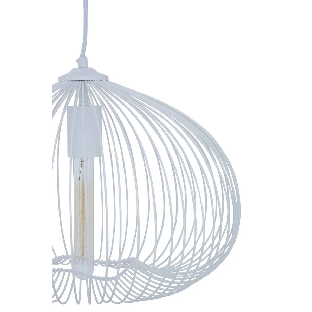 White wire pendant light shade with exposed bulb and modern curved design
