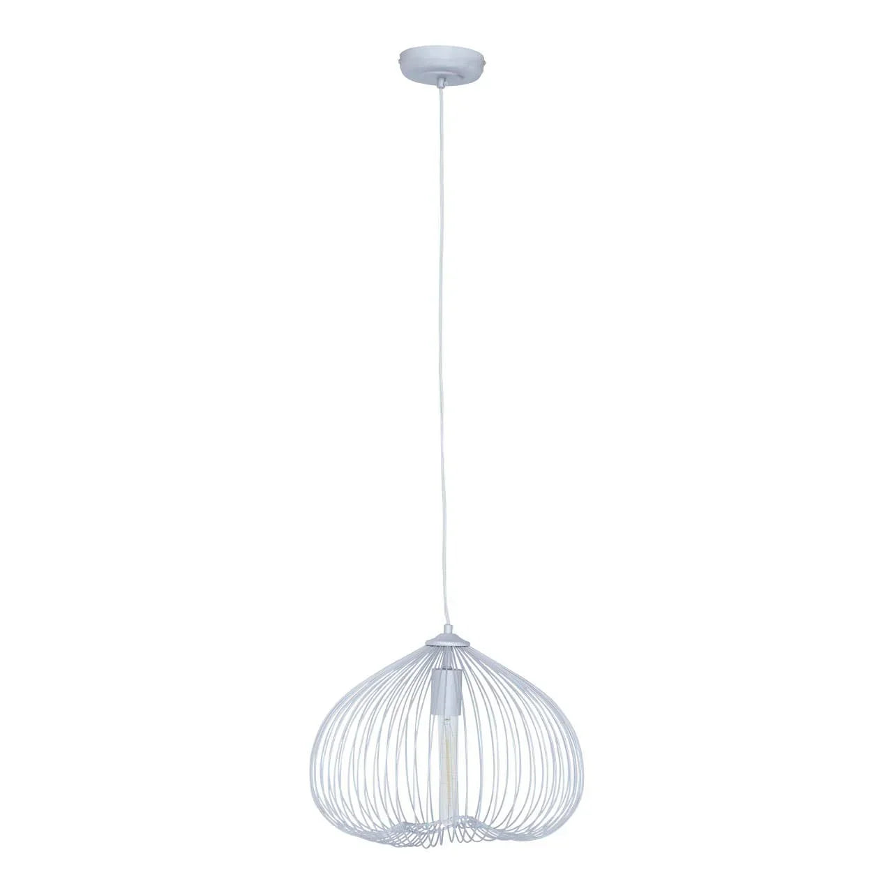 White wire frame pendant ceiling light with exposed bulb and modern design