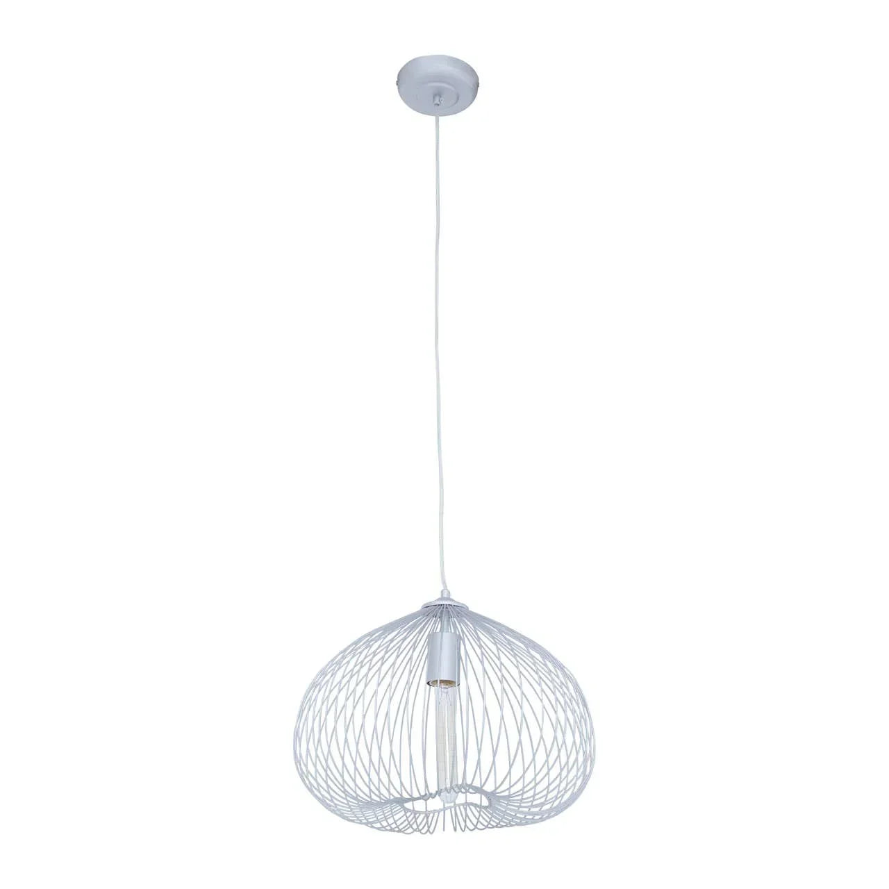 White metal wire pendant ceiling light with exposed bulb and modern open shade