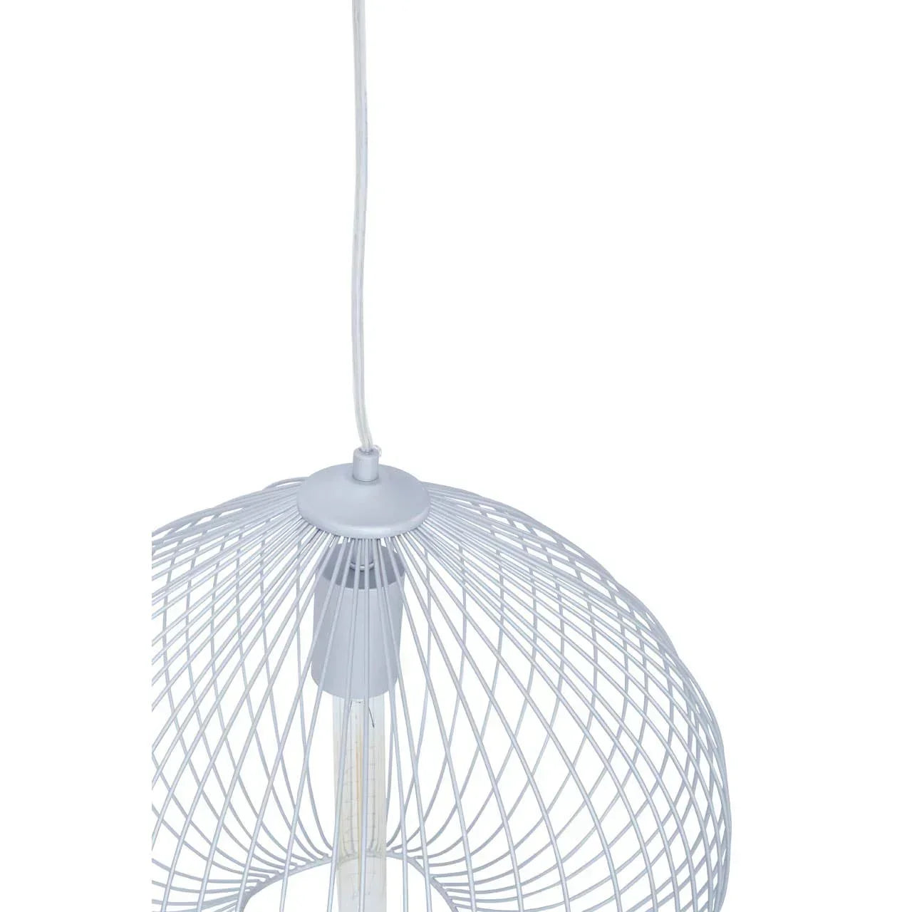 White wire pendant light with exposed bulb and modern metal shade
