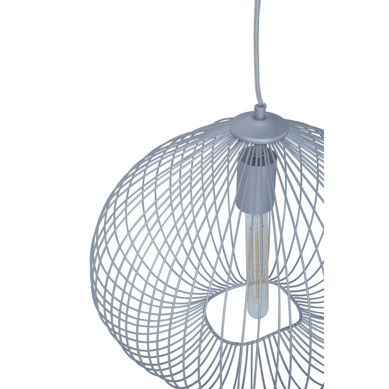 Grey wire pendant ceiling light with exposed bulb and modern curved metal frame