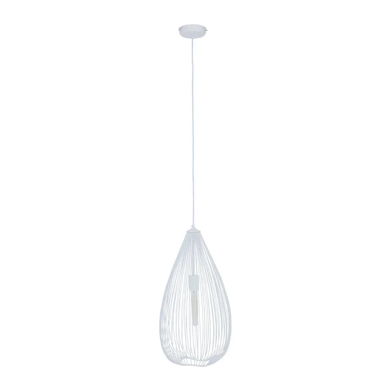 White wire pendant light with teardrop shape and exposed bulb hanging from ceiling