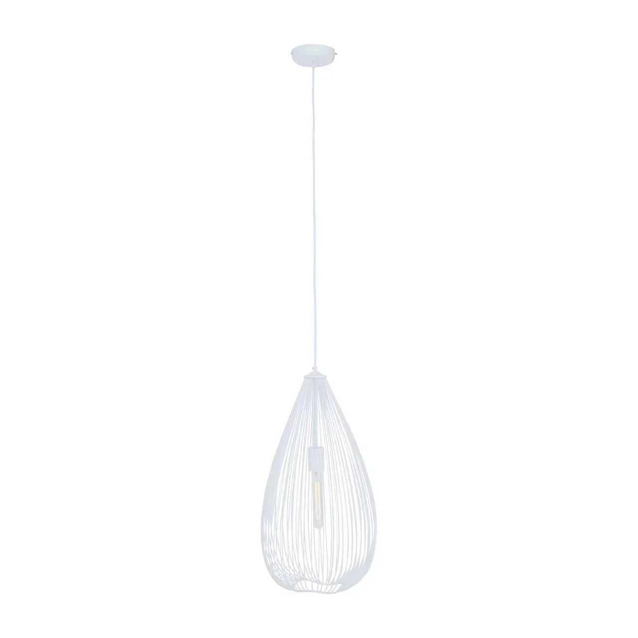 White metal pendant light with teardrop wire shade and exposed bulb design