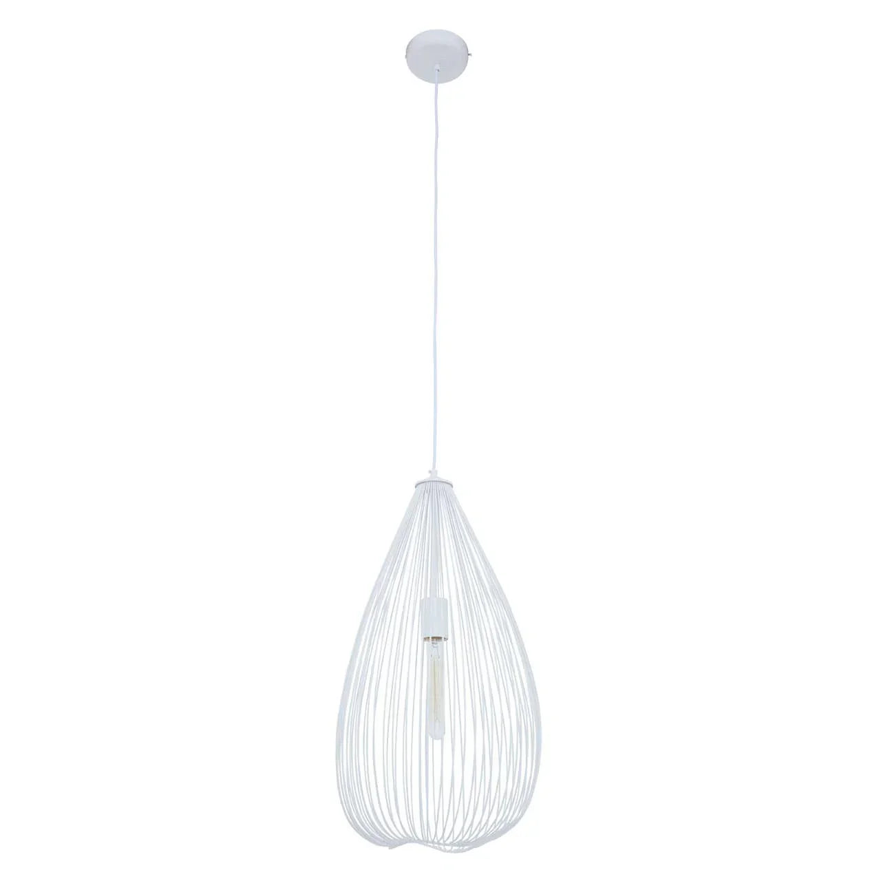 White wire pendant ceiling light with open teardrop frame and exposed bulb