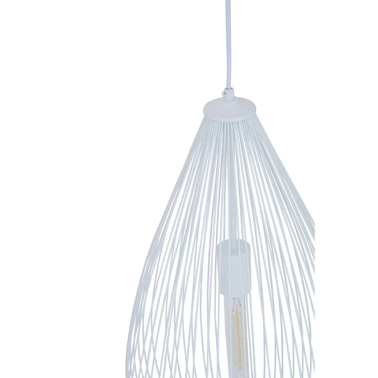 White metal pendant light with wire cage shade and exposed bulb close-up