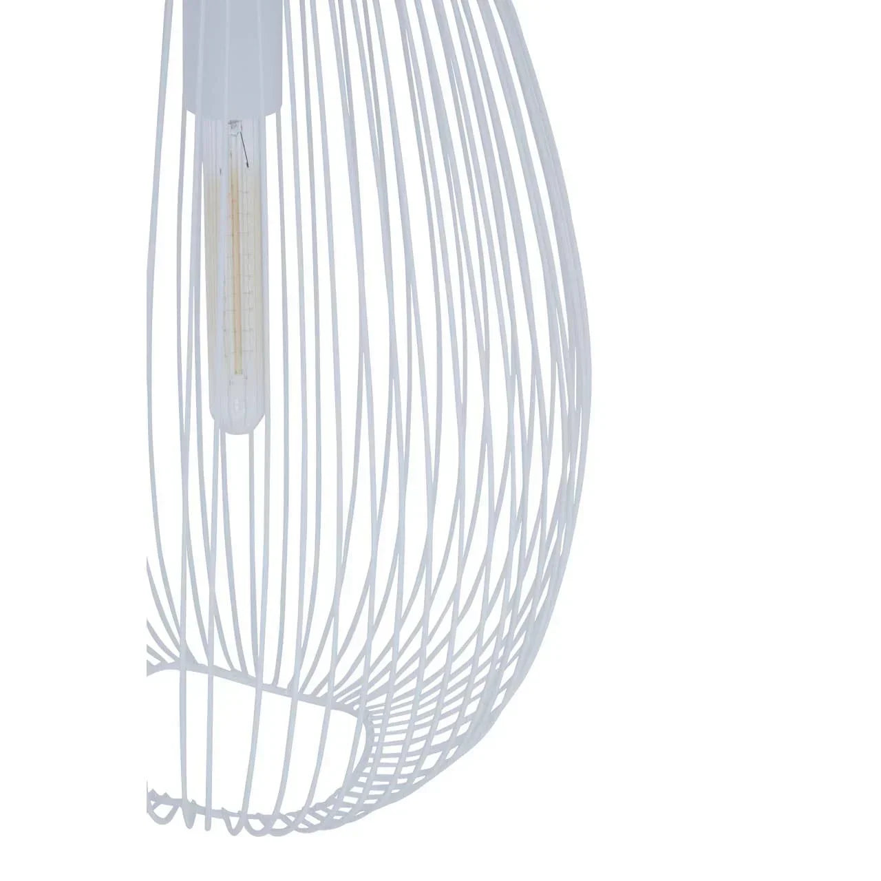 White wire pendant light shade with exposed bulb, close-up on modern metal design