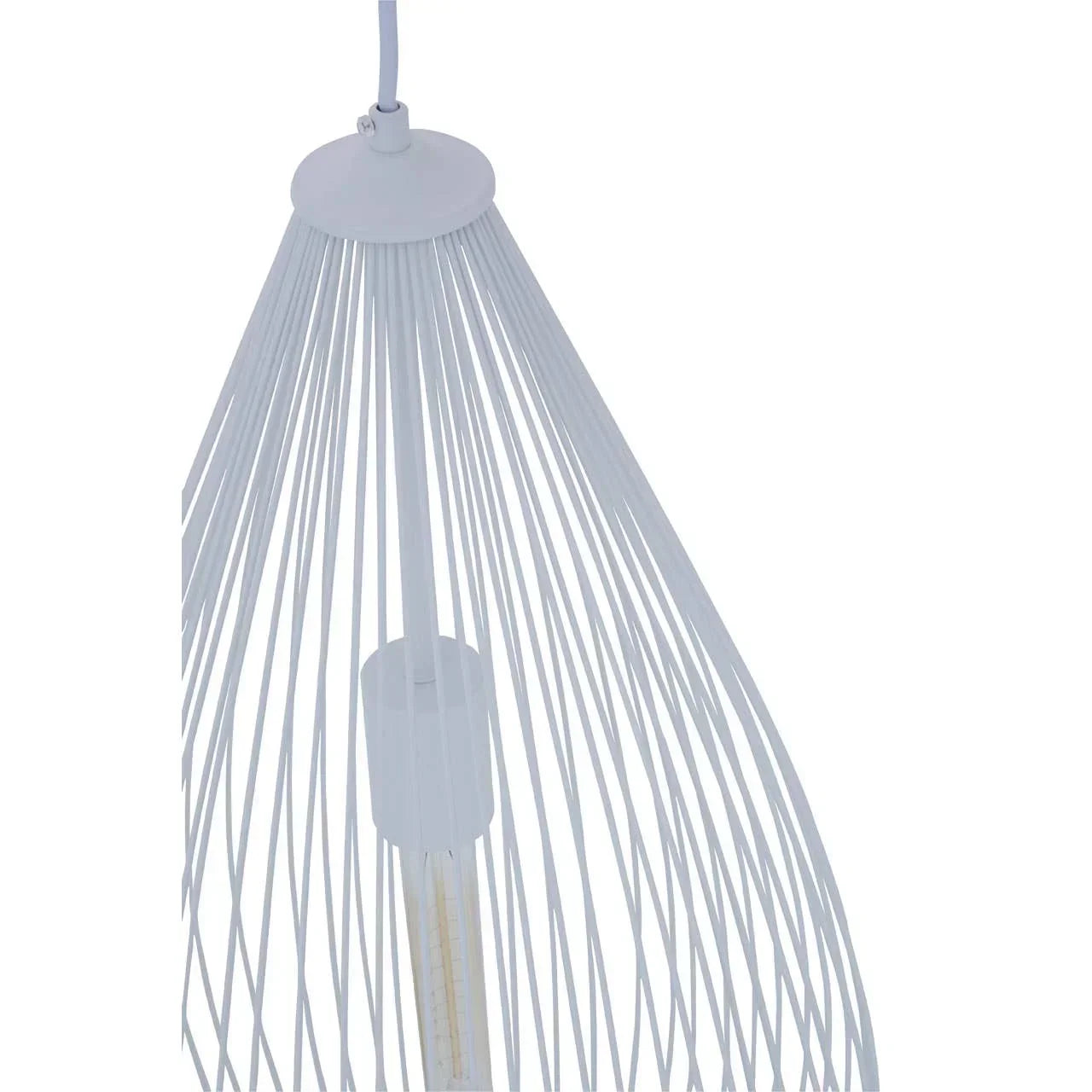 White wire pendant light shade with exposed bulb and modern cage design