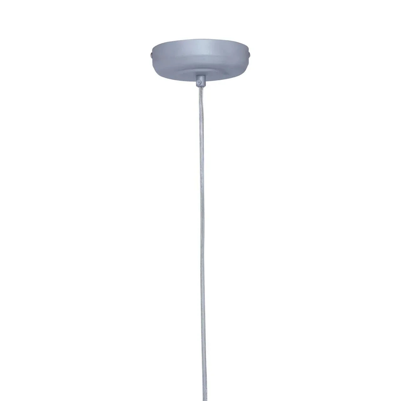 Ceiling light fitting with round grey canopy and hanging pendant cord