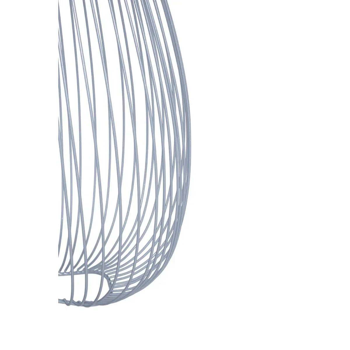 Closeup of metal wire lamp shade with curved lines in light grey finish