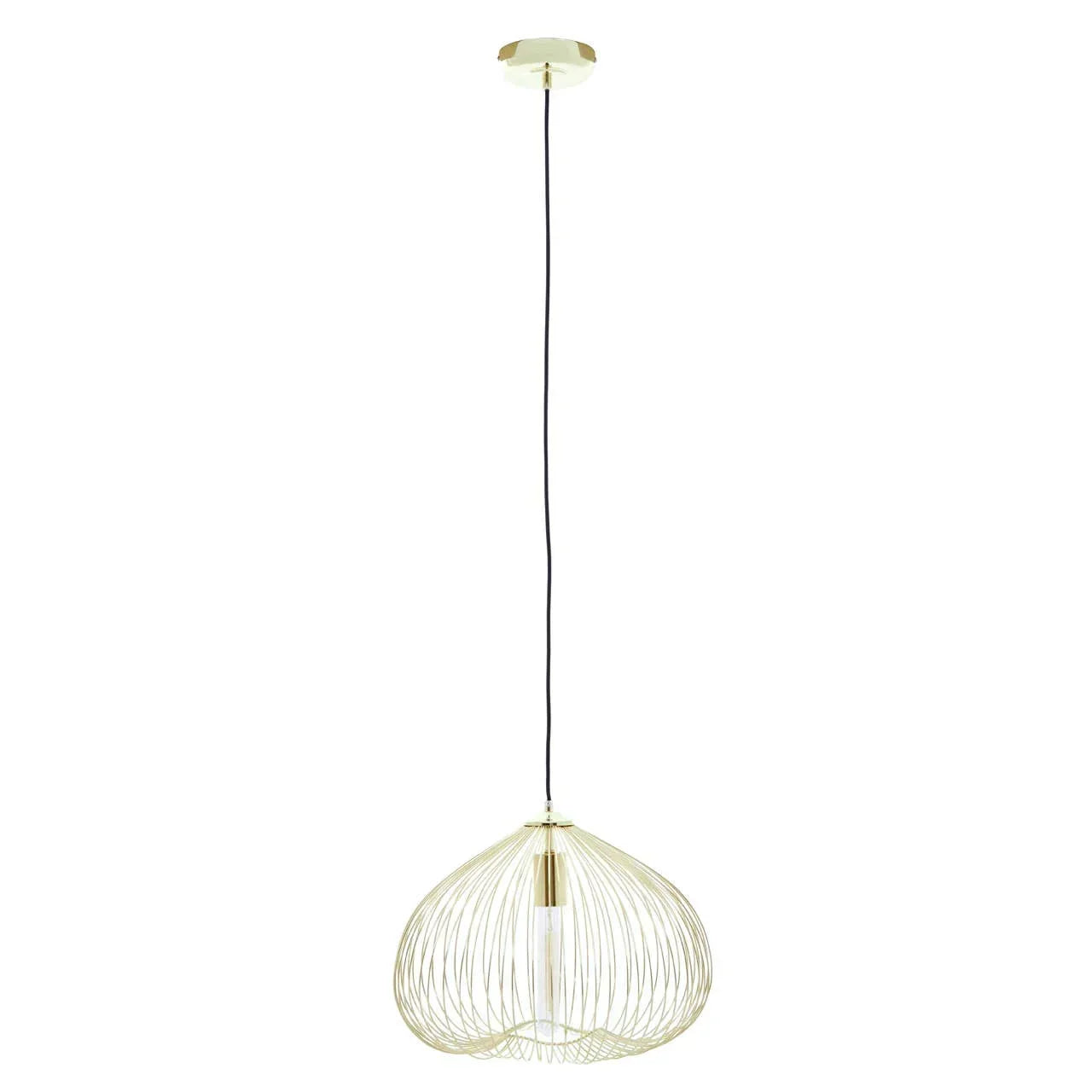 Gold wire pendant light with a modern open cage design and black ceiling cord
