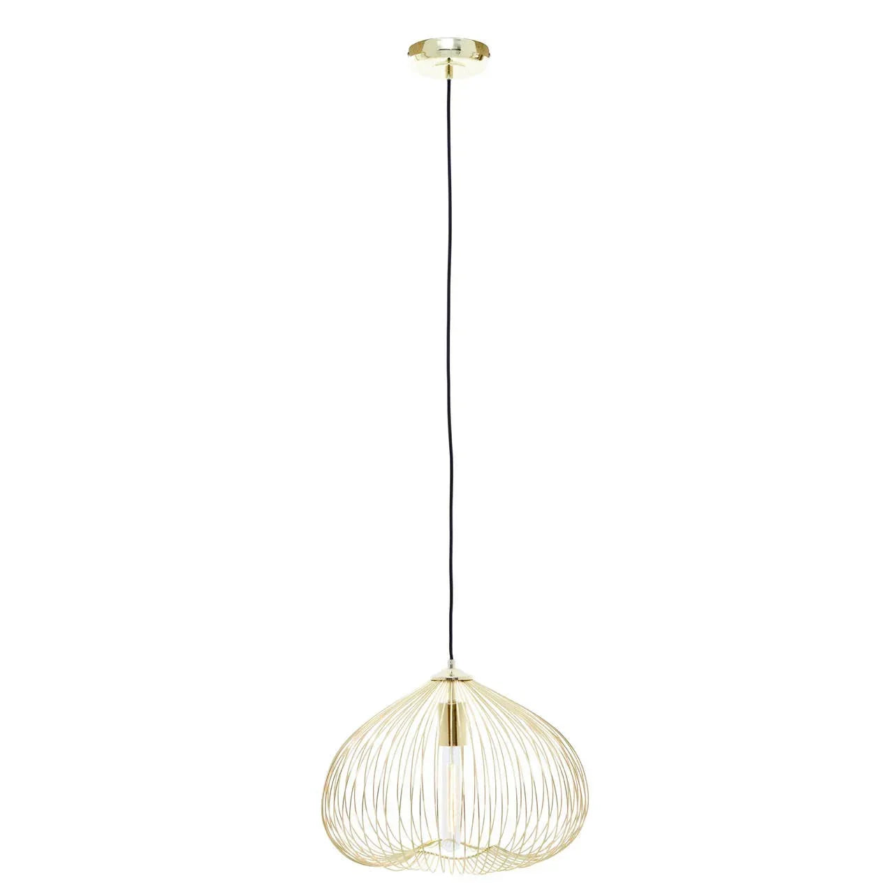 Gold wire pendant light with black cord and exposed bulb, modern ceiling lighting fixture