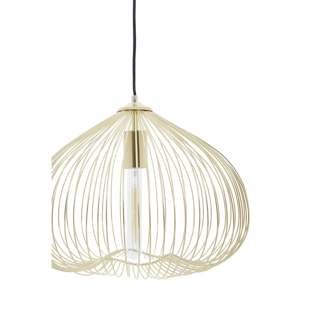 Gold metal pendant light with wire cage shade and exposed bulb, modern ceiling lighting