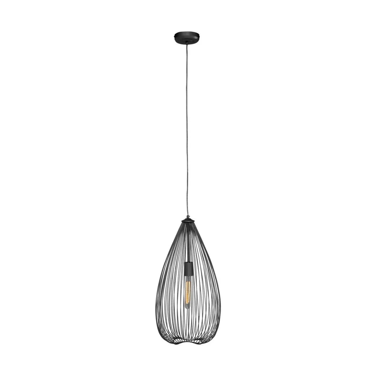 Black wire pendant ceiling light with exposed bulb and teardrop shape