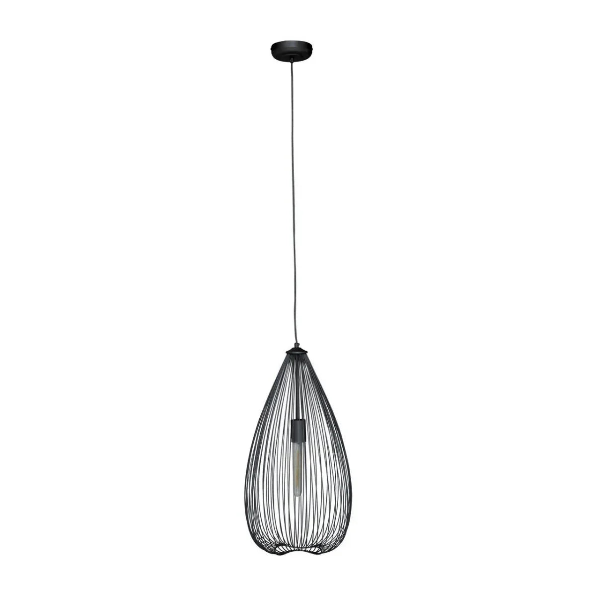 Black wire pendant ceiling light with teardrop cage design and visible bulb