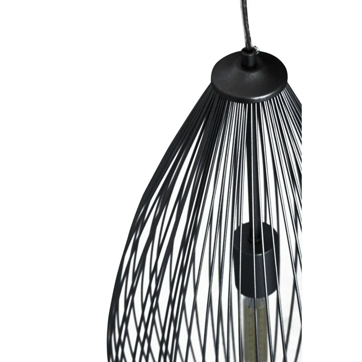 Black wire frame pendant light with exposed bulb, close-up of top fixture and cable