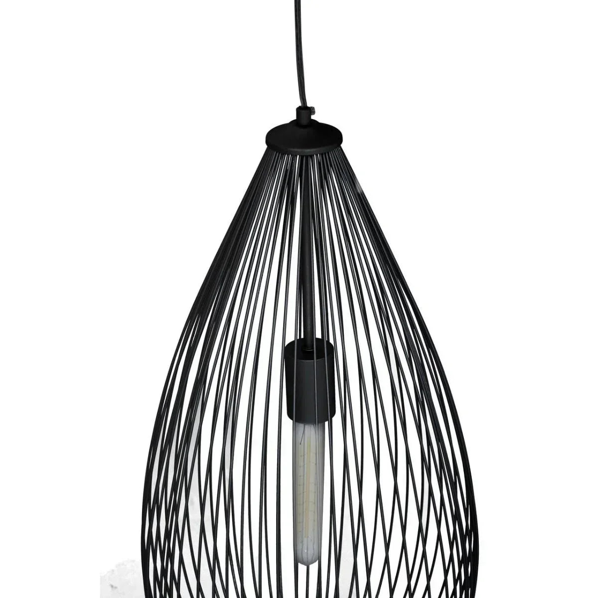 Black metal wire pendant light with exposed bulb in teardrop shape