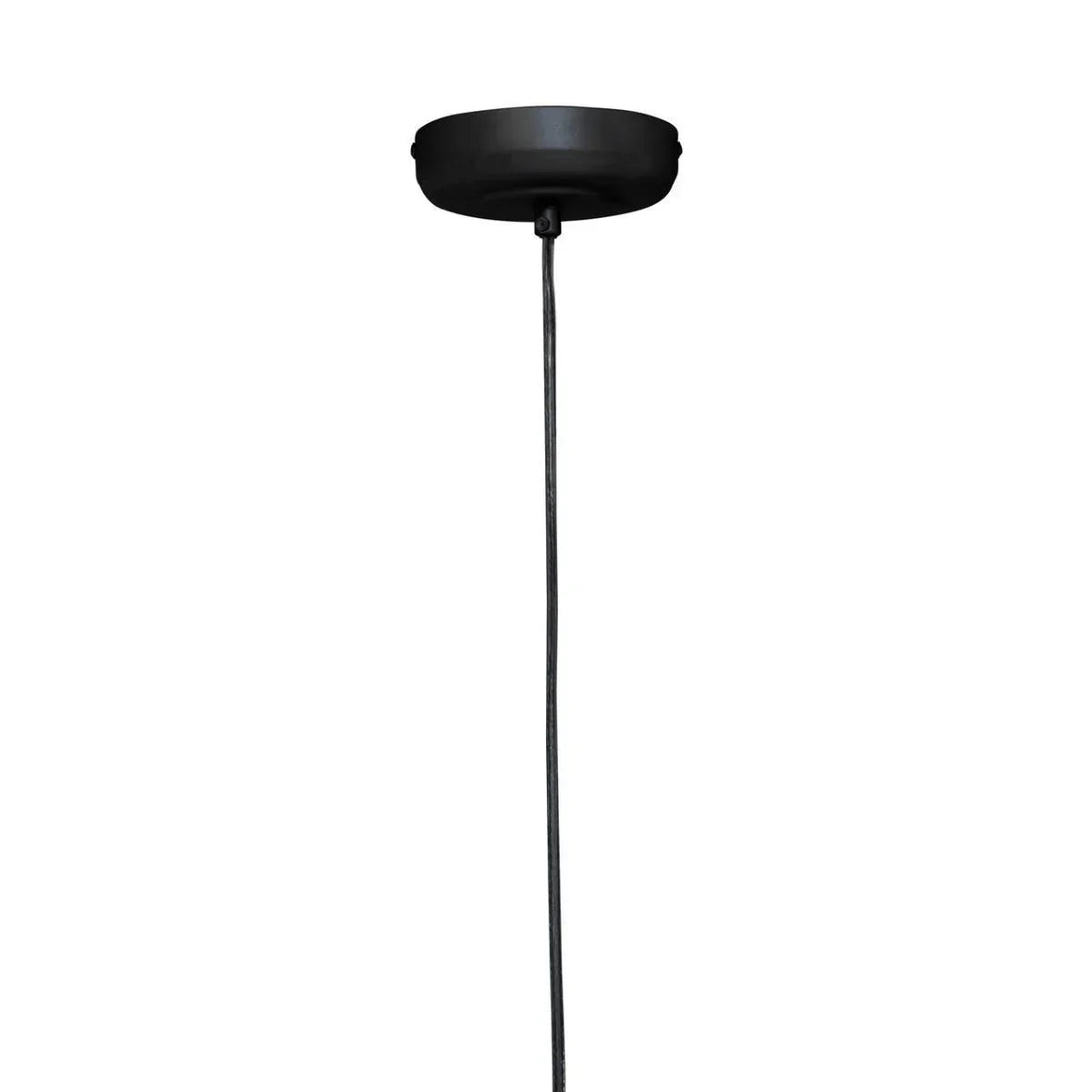 Black pendant light ceiling rose with cord, viewed from below against plain background
