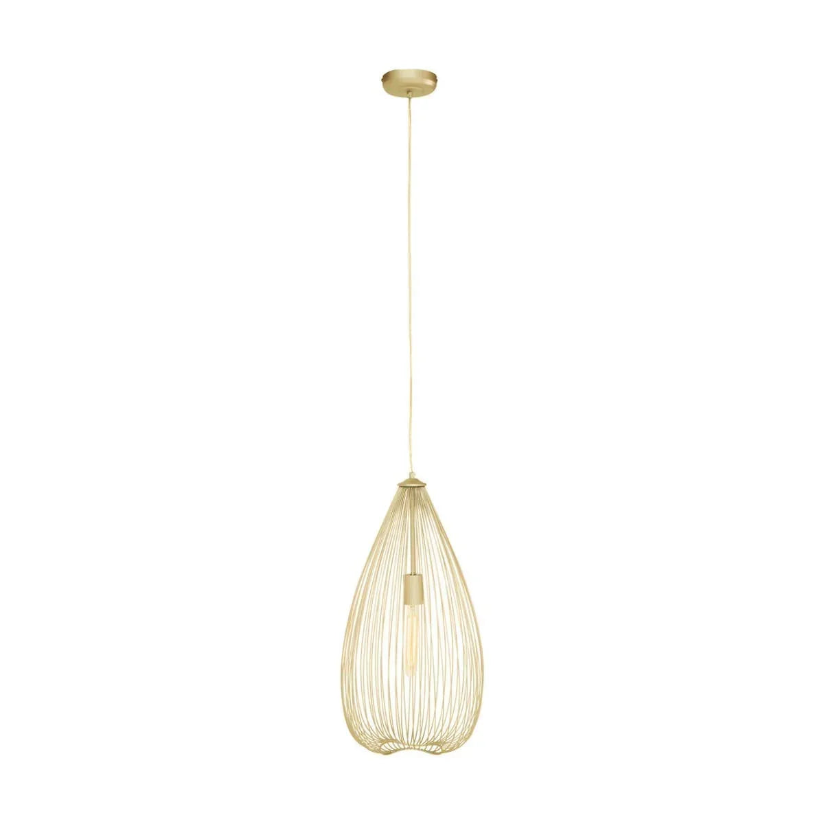 Gold wire pendant light with teardrop cage design and exposed bulb, hanging from ceiling rose