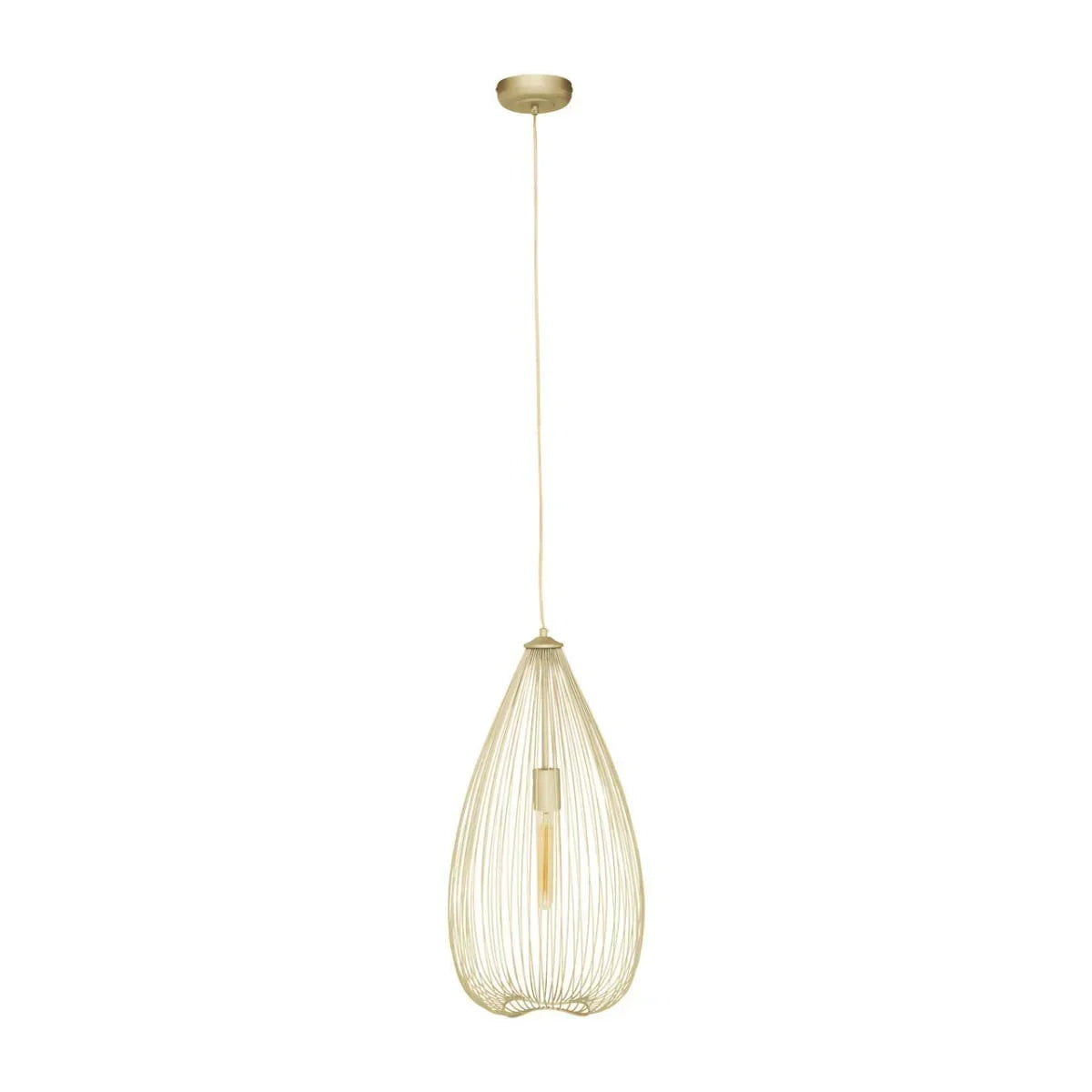 Gold wire pendant light with teardrop shape and exposed bulb, ceiling mounted