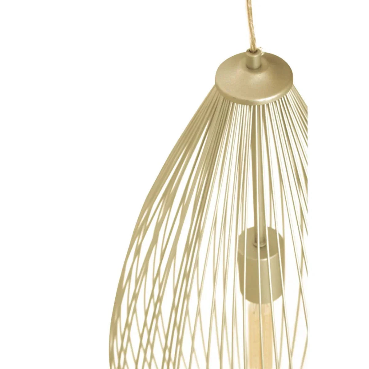 Metal wire pendant light in beige finish, close-up of modern ceiling lamp details