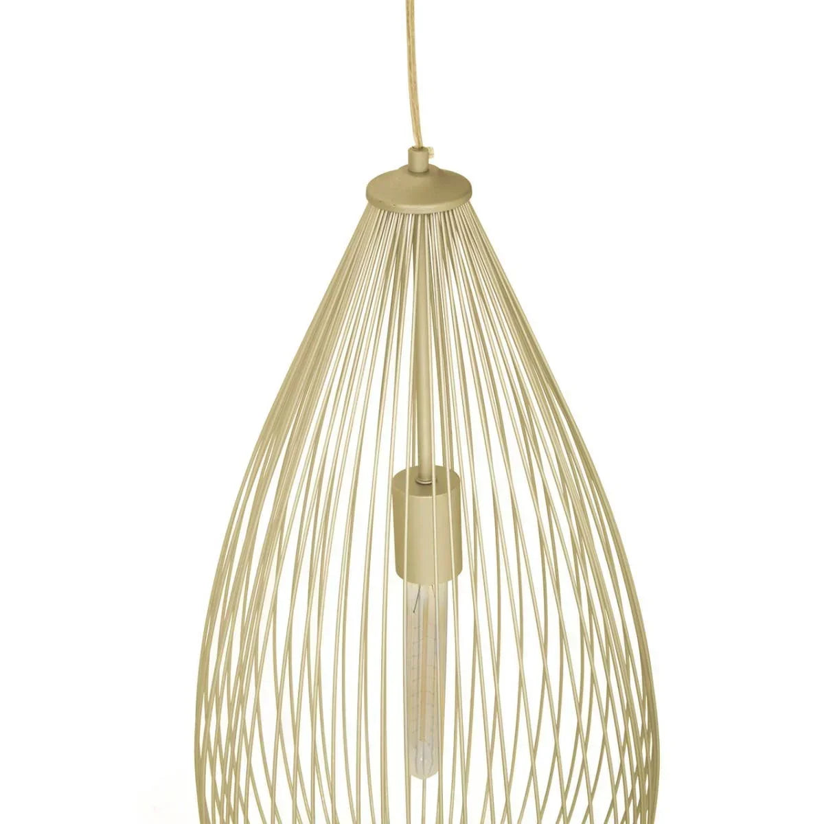 Cream metal pendant light with open wire frame and vertical bulb design