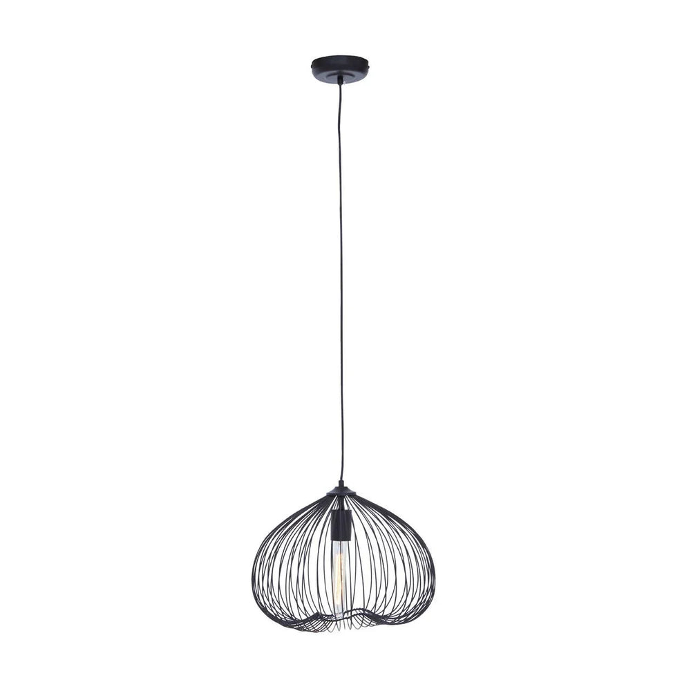 Black wire pendant ceiling light with exposed bulb and modern open cage design