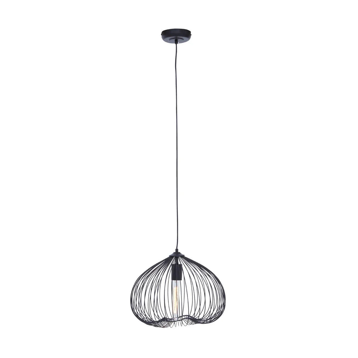 Black wire pendant ceiling light with exposed bulb and modern open cage design