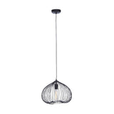 Black wire pendant ceiling light with exposed bulb and modern open cage design