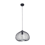 Black metal wire pendant light with exposed bulb and curved shade design