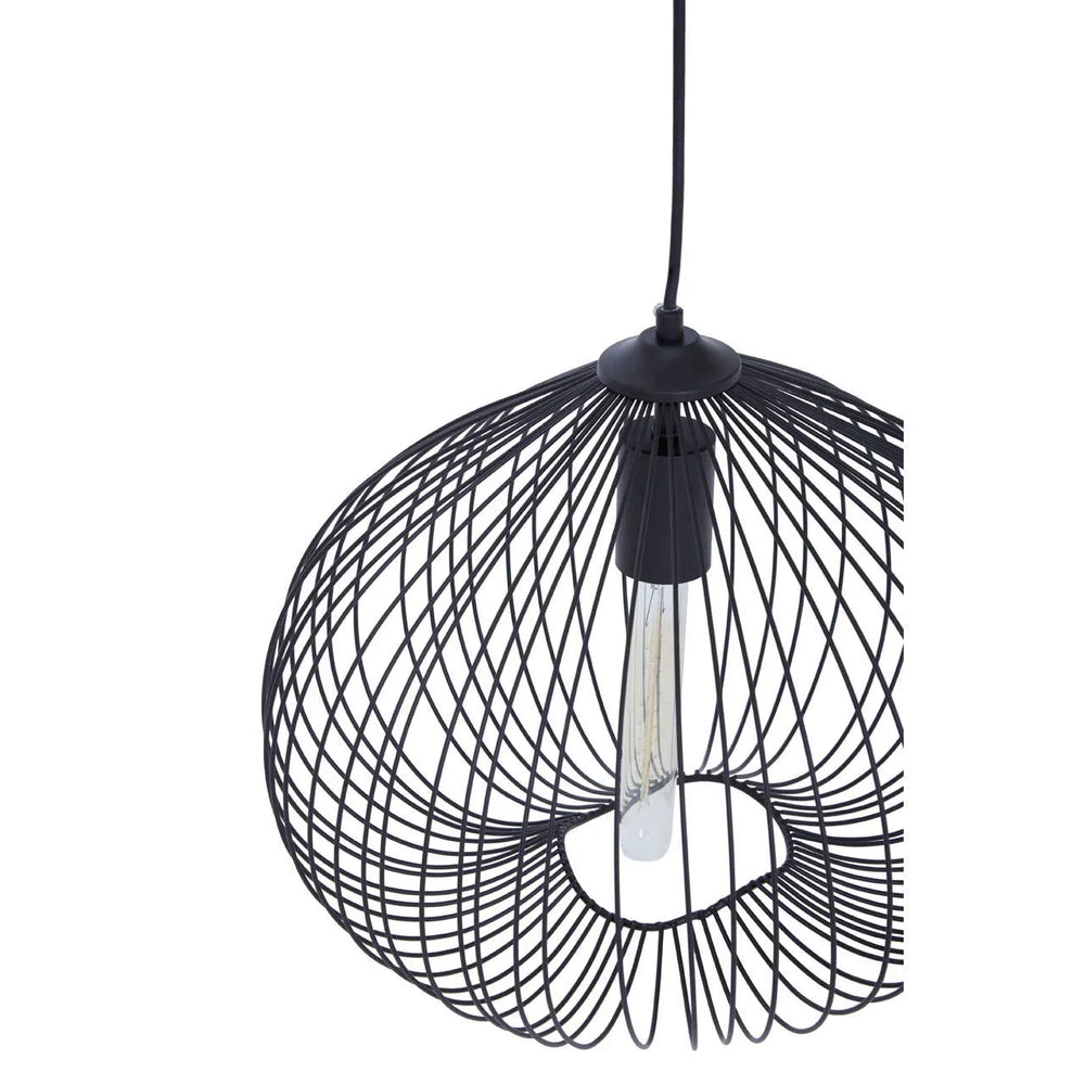 Black wire pendant light with exposed bulb and modern open frame design