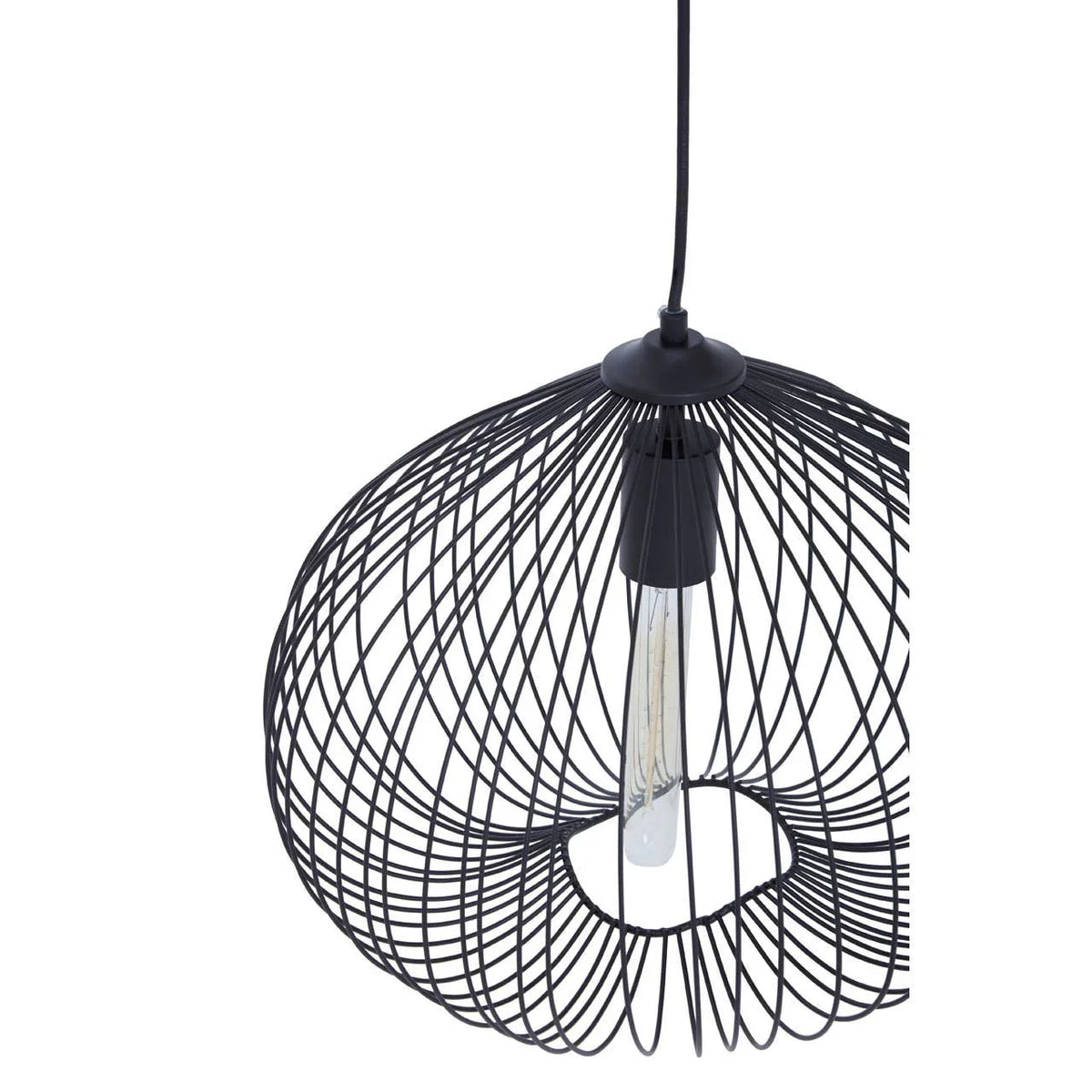 Black wire pendant light with exposed bulb and modern open frame design