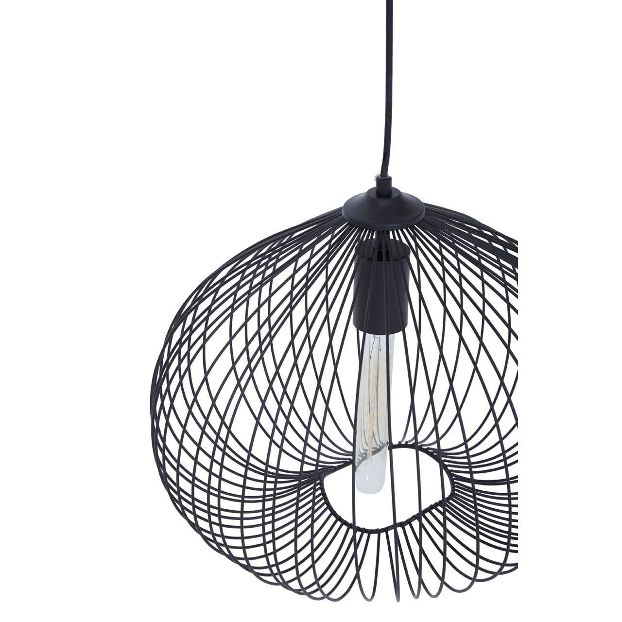 Black wire pendant light with exposed bulb and modern open frame design