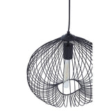Black wire pendant light with exposed bulb and modern open frame design