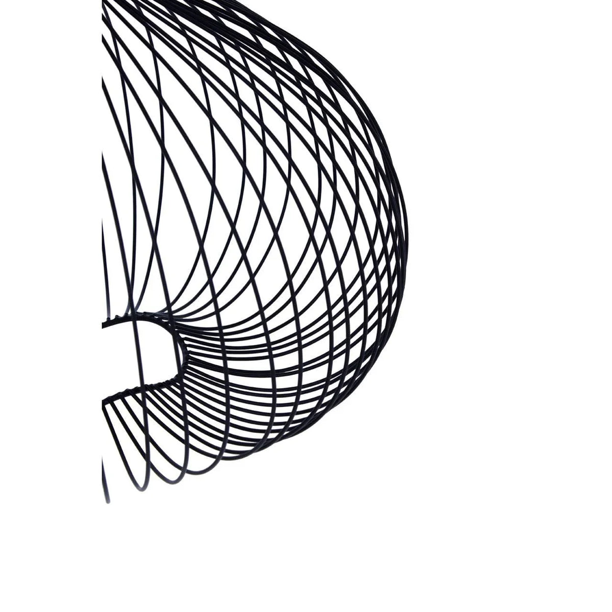Closeup of modern black metal wire lampshade with geometric design on white background
