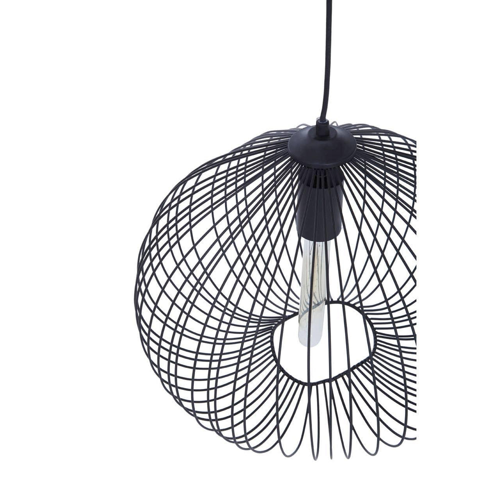 Black wire pendant light with sculptural open metal shade and exposed bulb