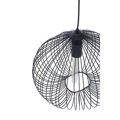Black wire pendant light with sculptural open metal shade and exposed bulb