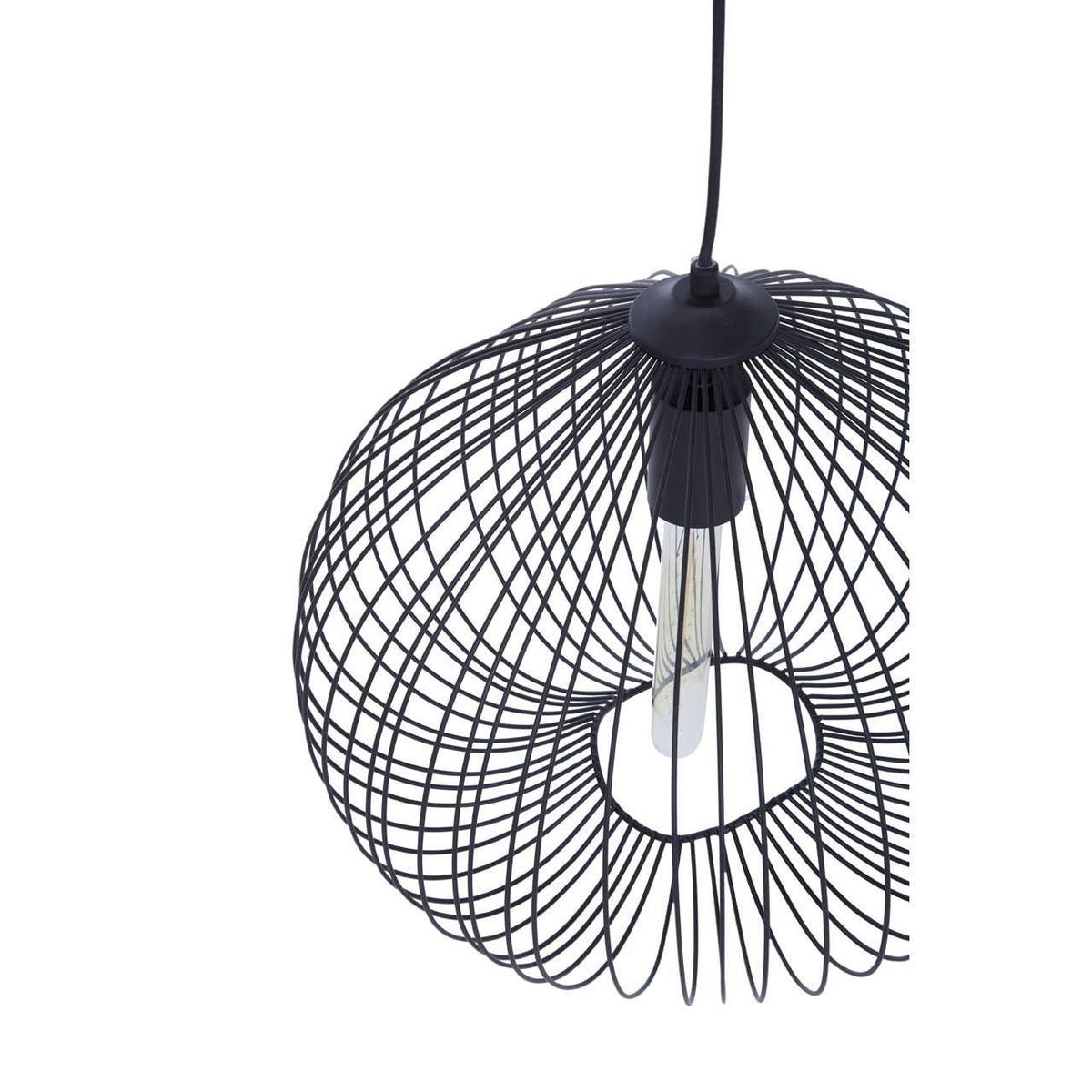 Black wire pendant light with sculptural open metal shade and exposed bulb