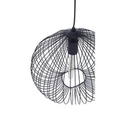 Black wire pendant light with sculptural open metal shade and exposed bulb