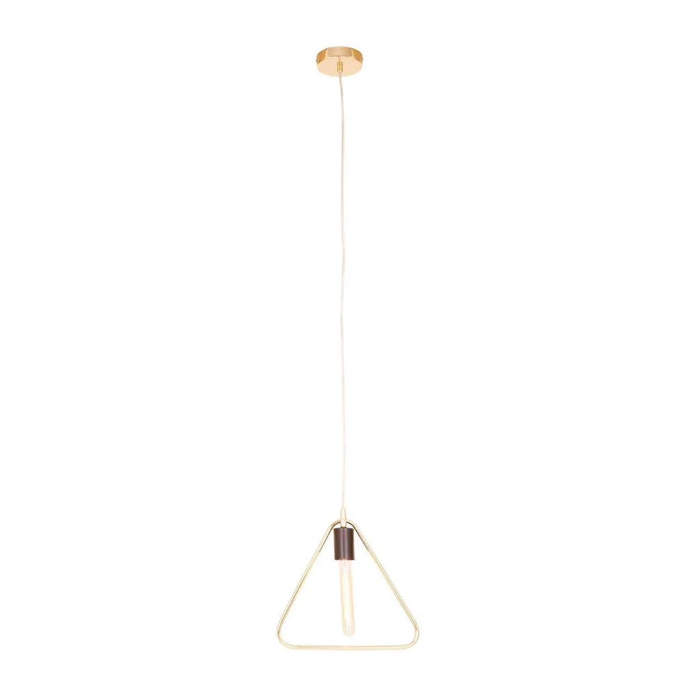 Gold geometric pendant light with exposed bulb and triangle frame, hanging from ceiling