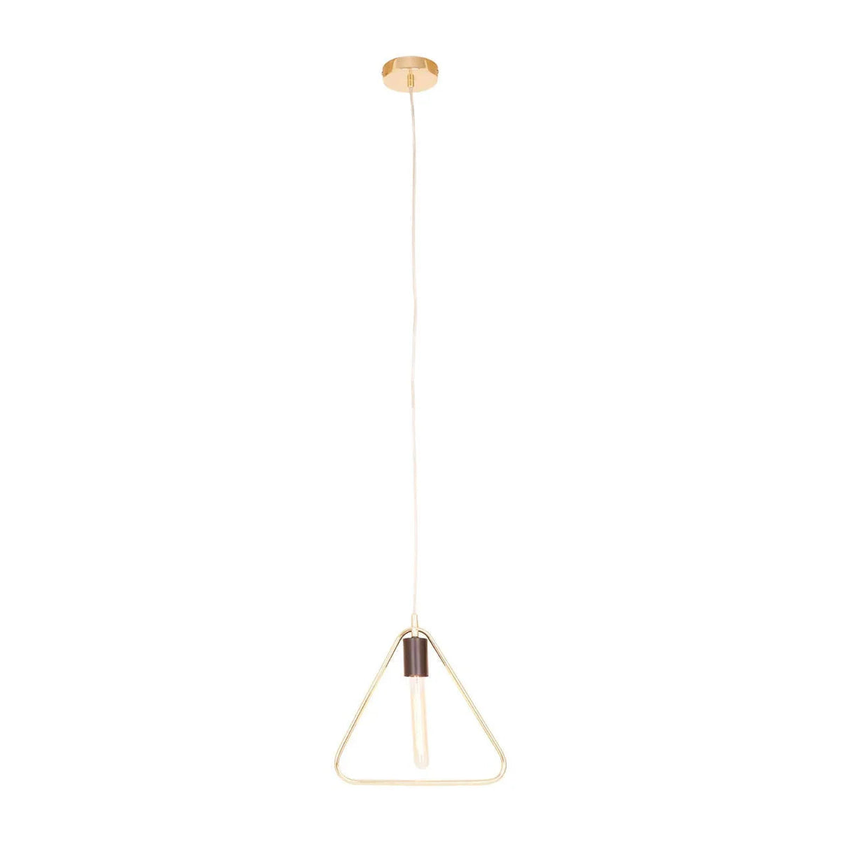 Gold triangular frame pendant light with exposed bulb, hanging on long cord