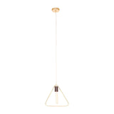 Gold geometric pendant light with exposed bulb and triangle frame, hanging from ceiling