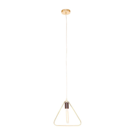 Gold geometric pendant light with exposed bulb and triangle frame, hanging from ceiling